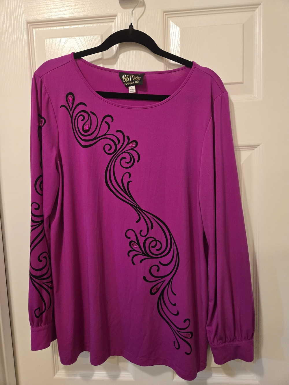 Bob Mackie Magenta Long Sleeve Top with Black Swirl Design